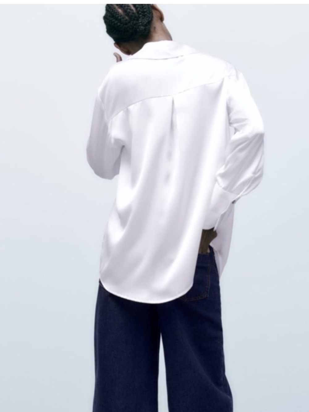 Zara White Satin Effect Button Up Shirt M Medium Long Sleeve Collared Blouse - Picture 3 of 12